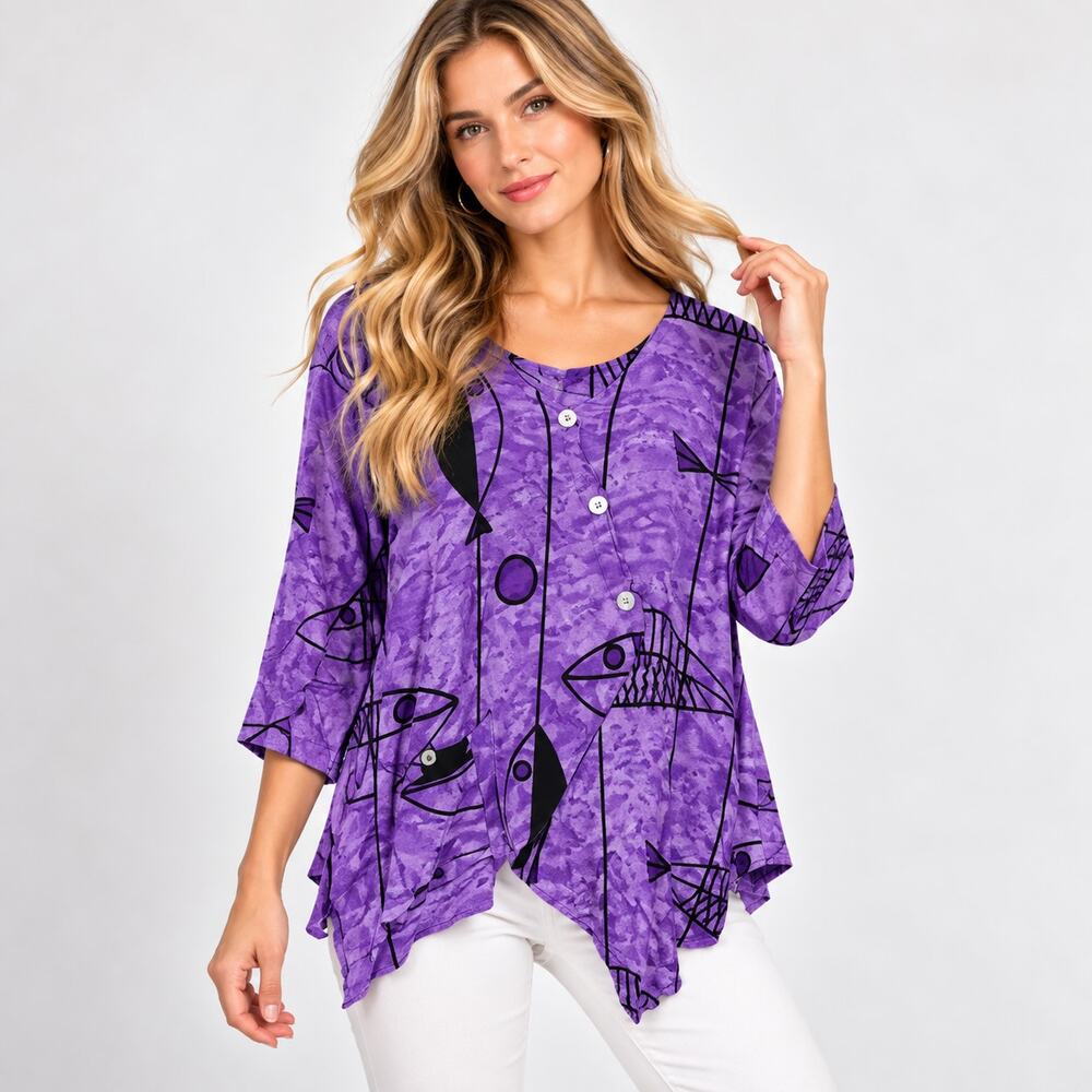 Ivy Reed Asymmetrical Top Women's Size M Rayon Unique Fish Tie Dye Art-to-wear